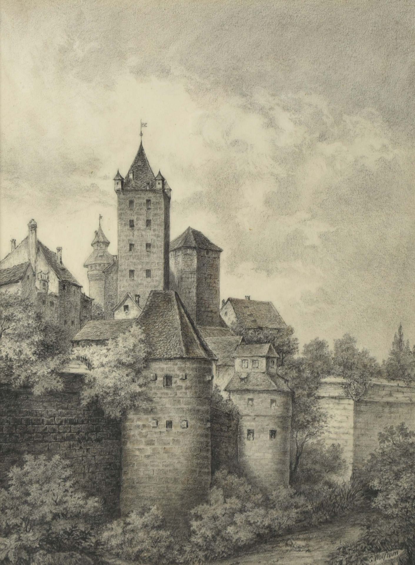 Wolfrum, C. Bleistiftzeichnung, Nürnberger Burg, unten rechts signiert, hinter Glas gerahmt, im - Bild 2 aus 3
