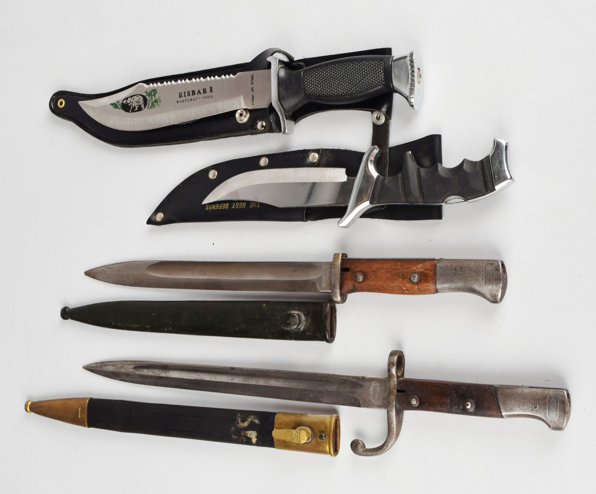 Seitengewehre und Messer insg. 4 versch. Ausführungen, 1 x Seitengewehr mit Holzschalengriff, Klinge - Bild 2 aus 2