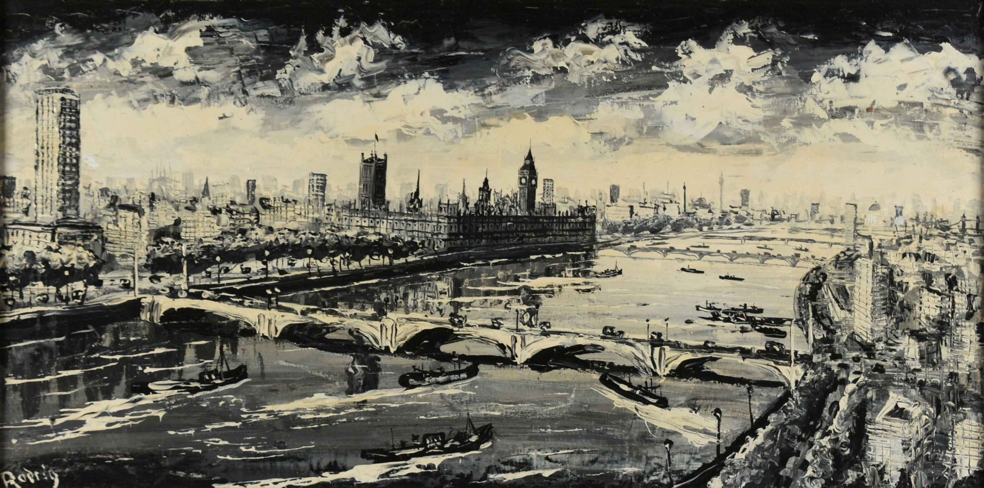 Rodrig Öl/Lwd., London, Blick über die Themse auf Westminster, links unten signiert, ca. 39 x 80 cm, - Bild 2 aus 4