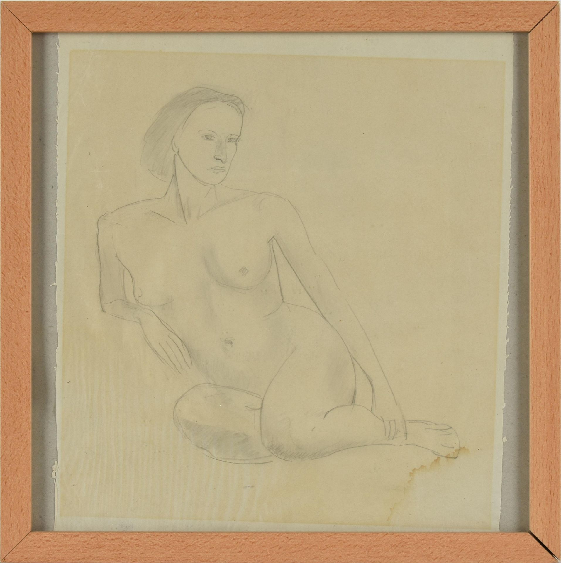 Unsigniert Bleistiftzeichnung auf dünnem Papier, sitzender weiblicher Akt, ein Arm aufgestützt, - Bild 3 aus 3