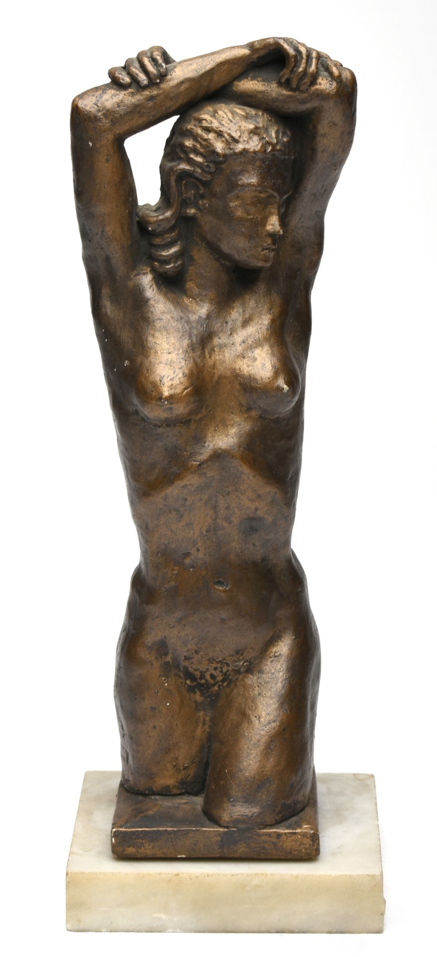 Damenakt Keramik, bronzefarben gefasst, über dem Kopf verschränkte Arme, bis zum Knie in - Bild 2 aus 3