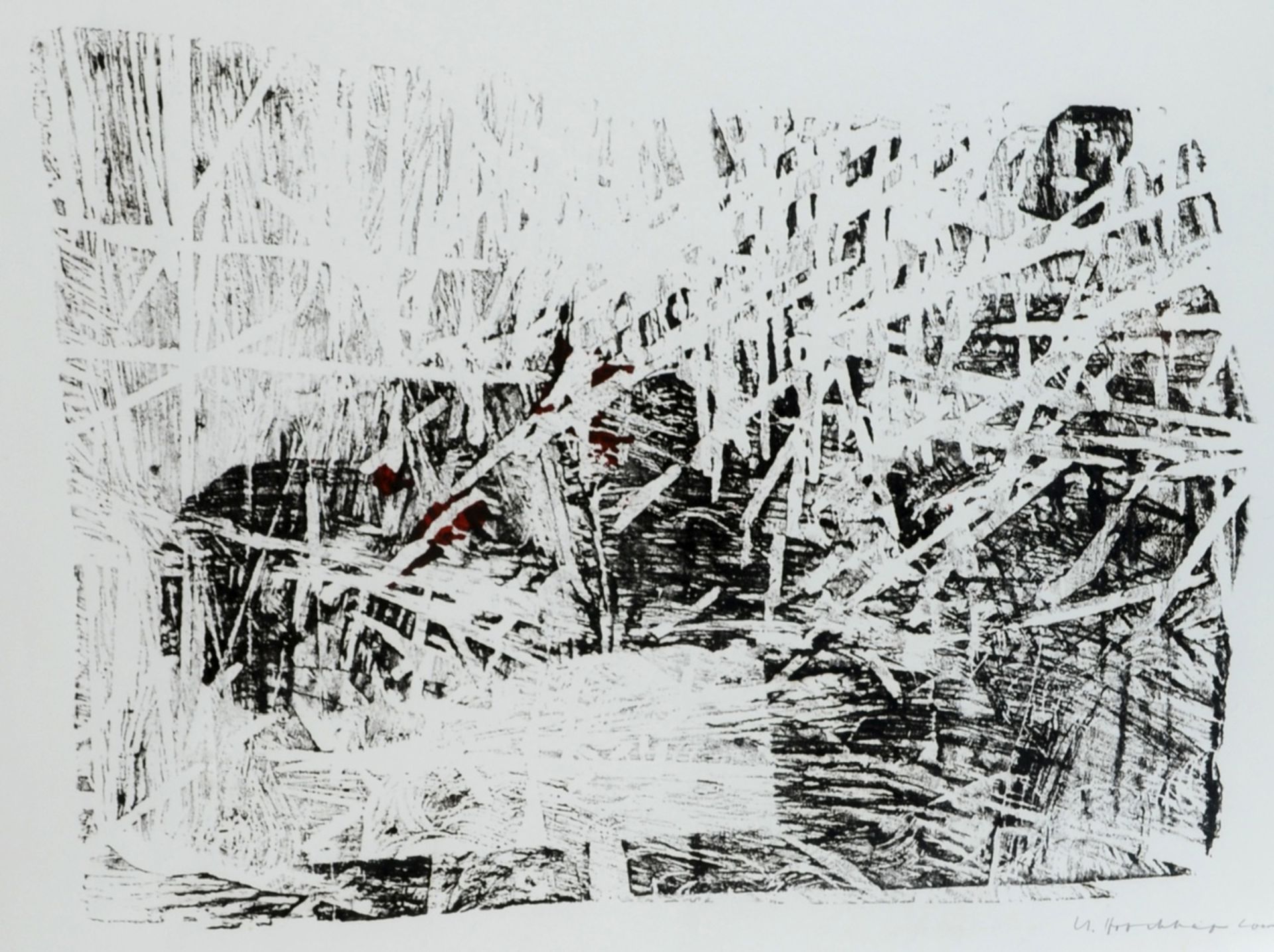 Brockhage, Hans (1925 Schwarzenberg - 2009 ebd.) großformatiger Holzdruck in Schwarz und Blutrot auf - Bild 2 aus 4