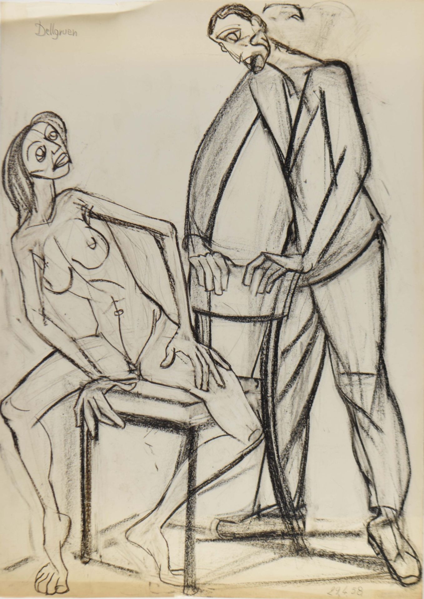 Dellgruen, Franziskus (1901 Köln - 1984 Berlin) Kohlezeichnung, Paar, erotische Darstellung der Frau - Bild 2 aus 3