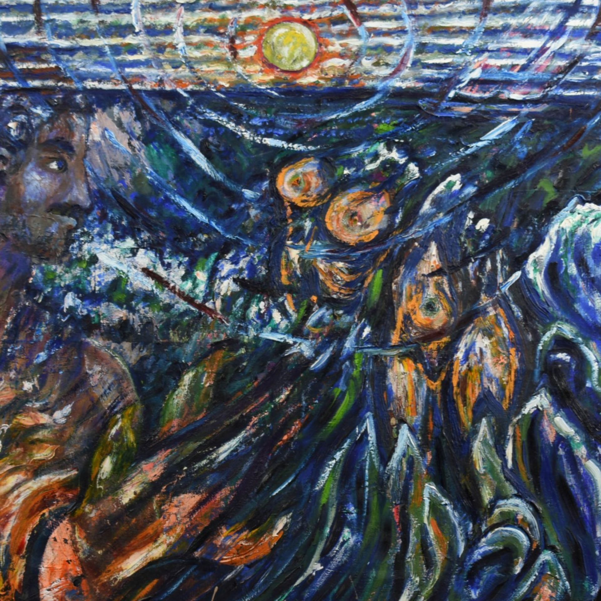 Monogrammiert Öl/Lwd., expressionistische Wasserlandschaft mit Kopf und Fischen, links unten