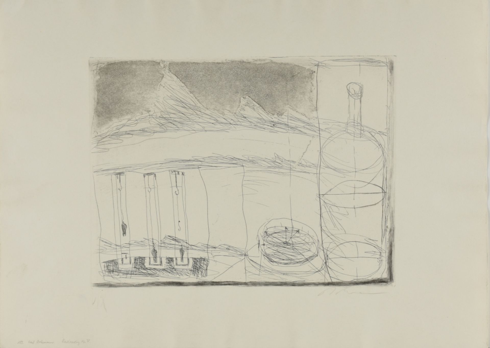 Bohrmann, Karl (1928 Mannheim - 1998 Köln) Radierung, Ansicht von Flasche, Uhr und Kran-Haken, unter - Bild 2 aus 4