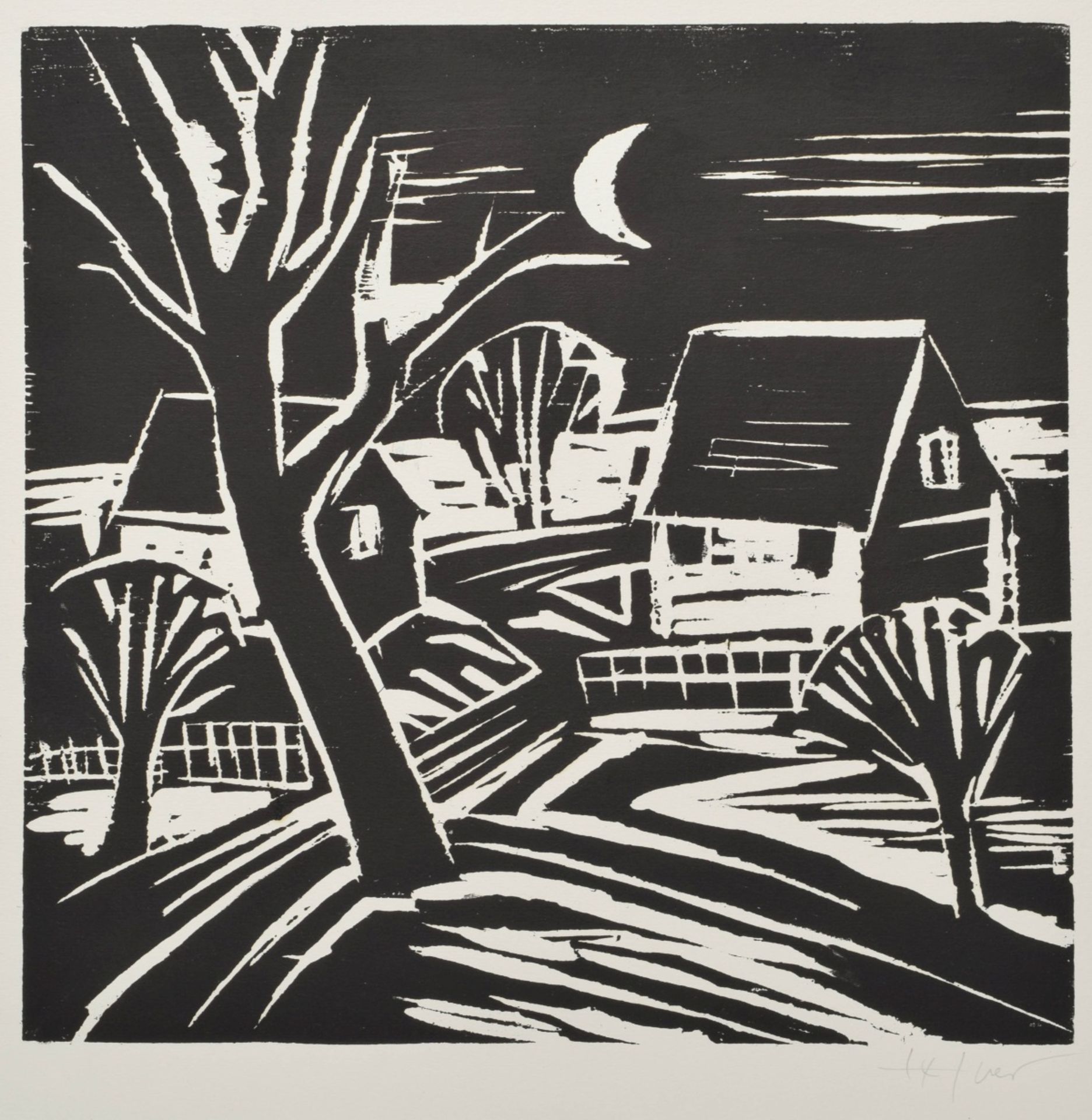 Tetzner, Heinz (1920 Gersdorf - 2007 ebd.) Holzschnitt, Darstellung eines Dorfes bei Nacht mit - Bild 2 aus 3