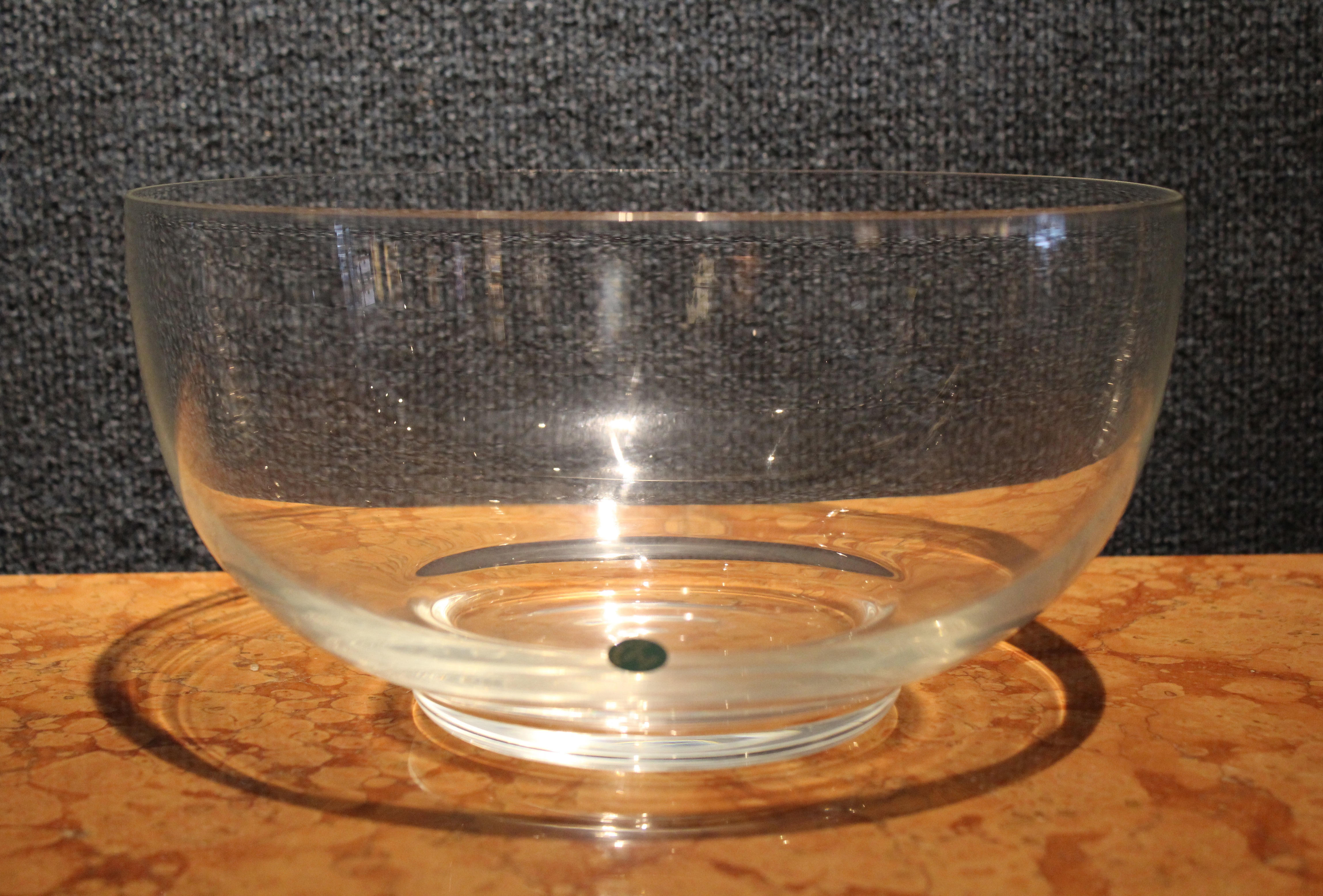 Large Tiffany & Co. Glass Serving Bowl. Signed on base. Size 5.25 x 9.75 in.