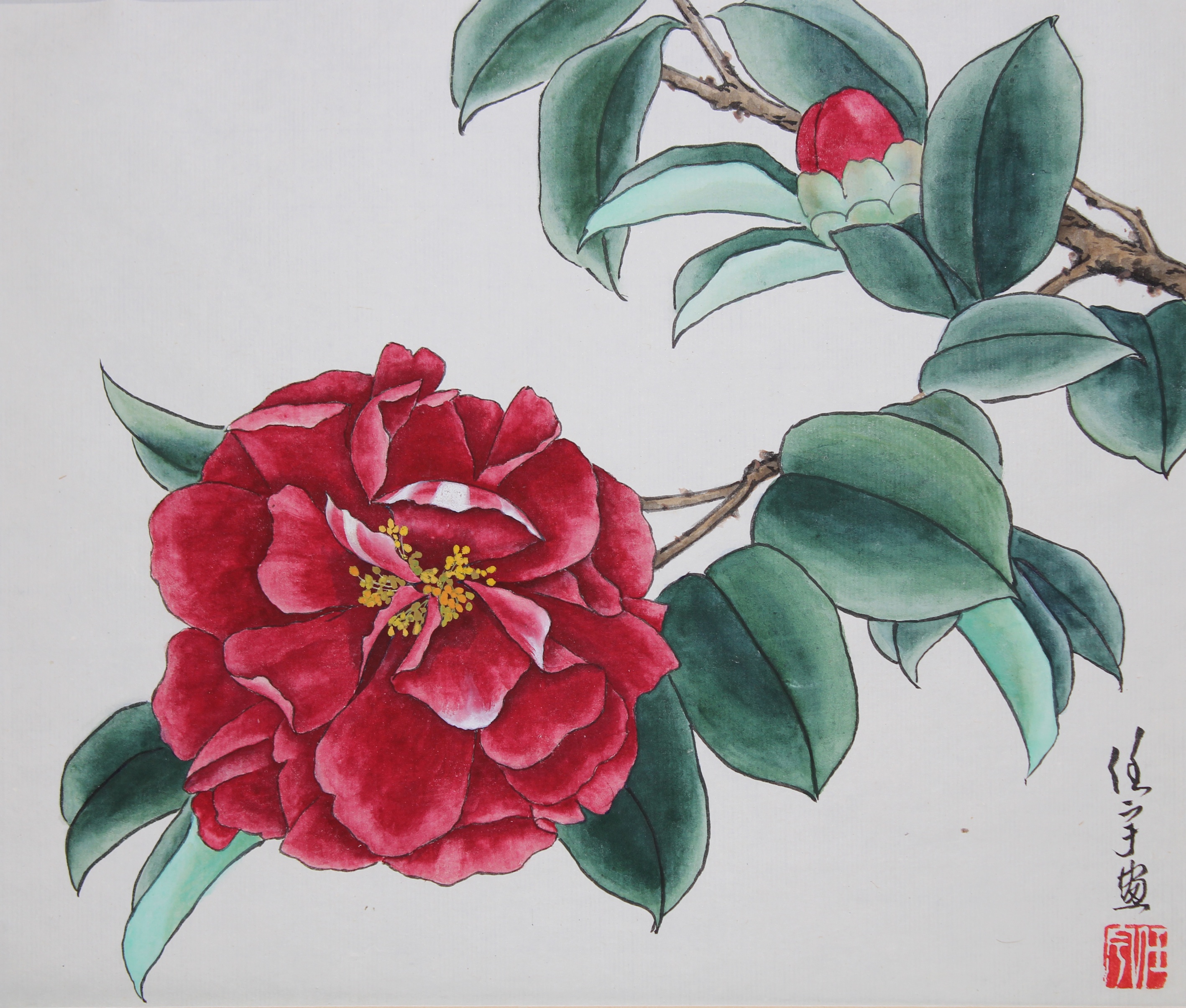 Ren Yu (B. 1945) "Red Camellias"