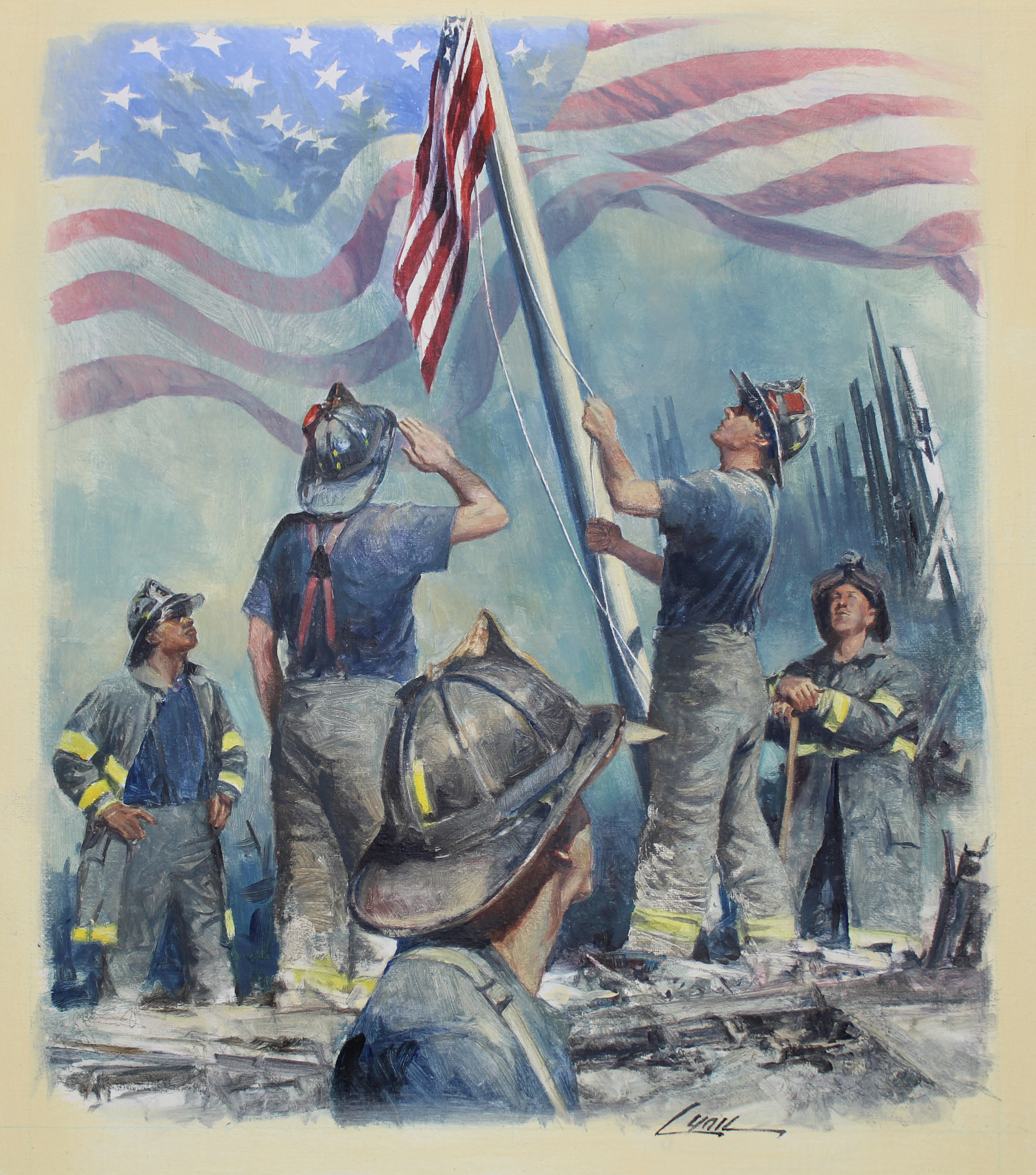 Dennis Lyall (B. 1946) "Firemen Raising Flag" - Image 5 of 5