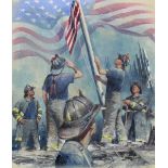 Dennis Lyall (B. 1946) "Firemen Raising Flag"