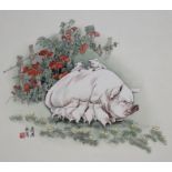 Zhan Gengxi (B. 1941) "Mother Pig w/ Babies"