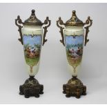 Pair of French Porcelain Champleve Covered Urns