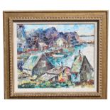 American School, Harbor Scene. Signed