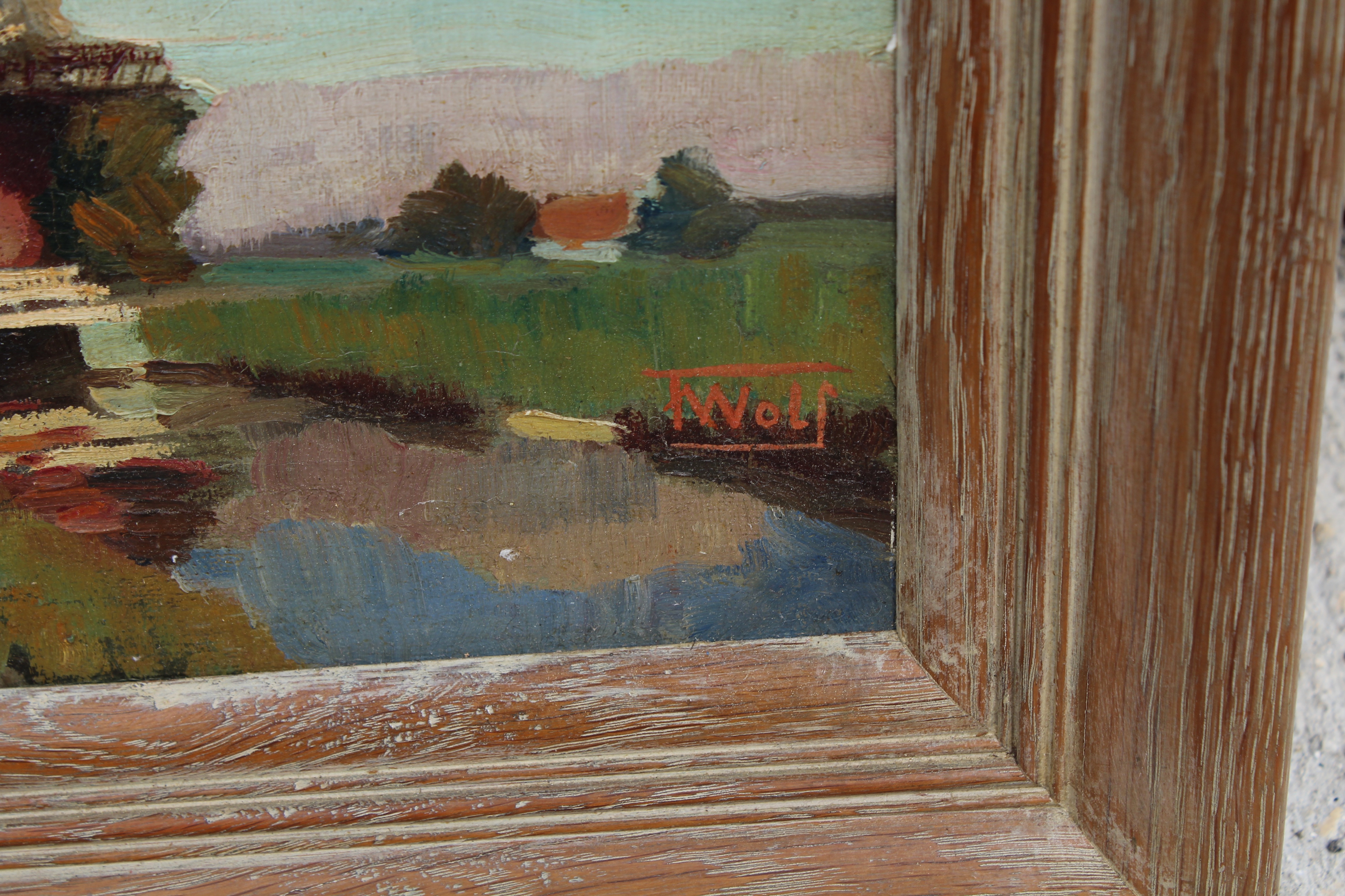 Signed, 20th C. Painting of Windmill Near River - Image 2 of 3