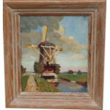 Signed, 20th C. Painting of Windmill Near River