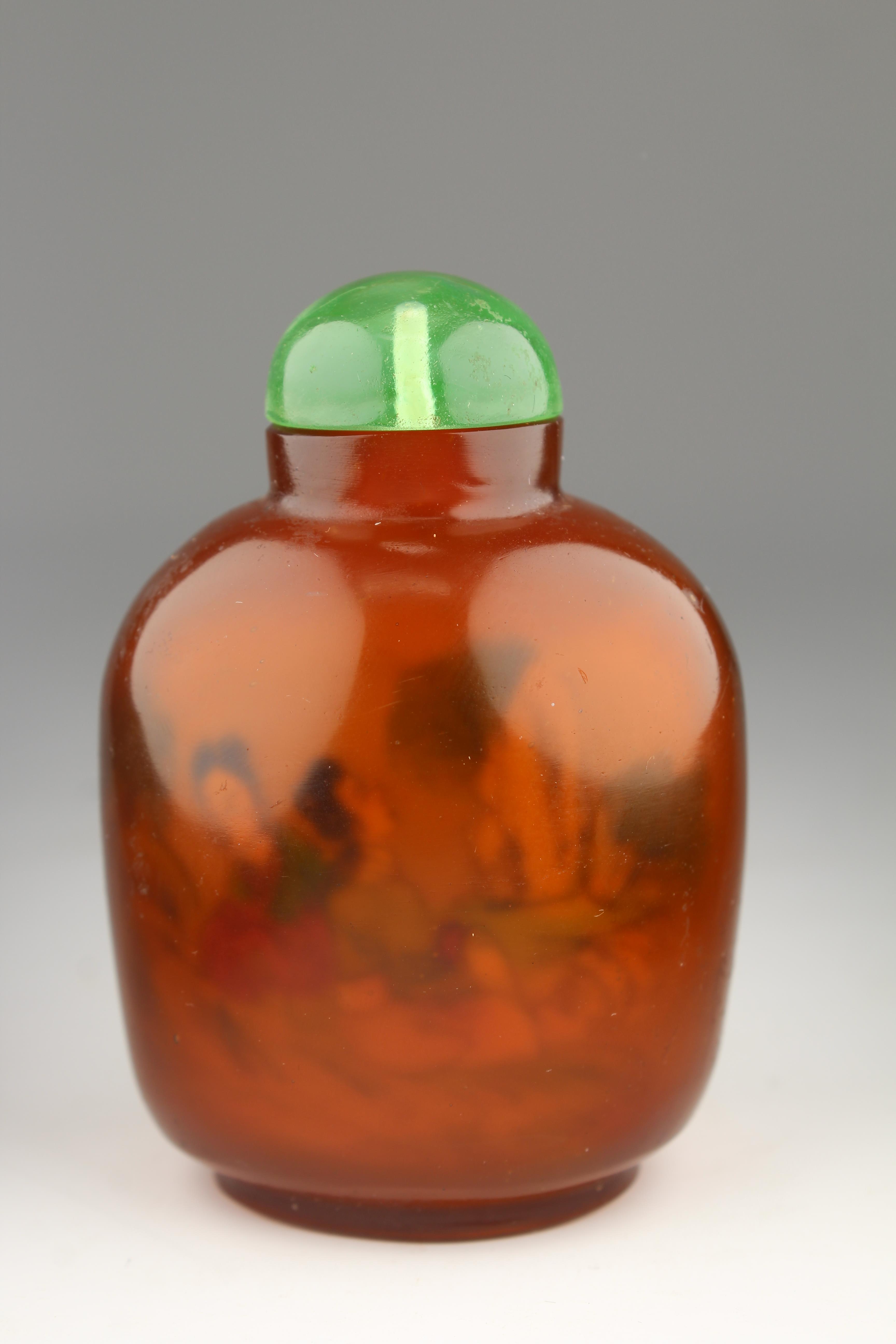 Interior Painted Amber Glass Snuff Bottle