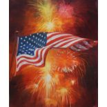 Dennis Lyall (B. 1946) "US Flag with Fireworks"