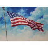 Dennis Lyall (B. 1946) "US Flag in Clouds"