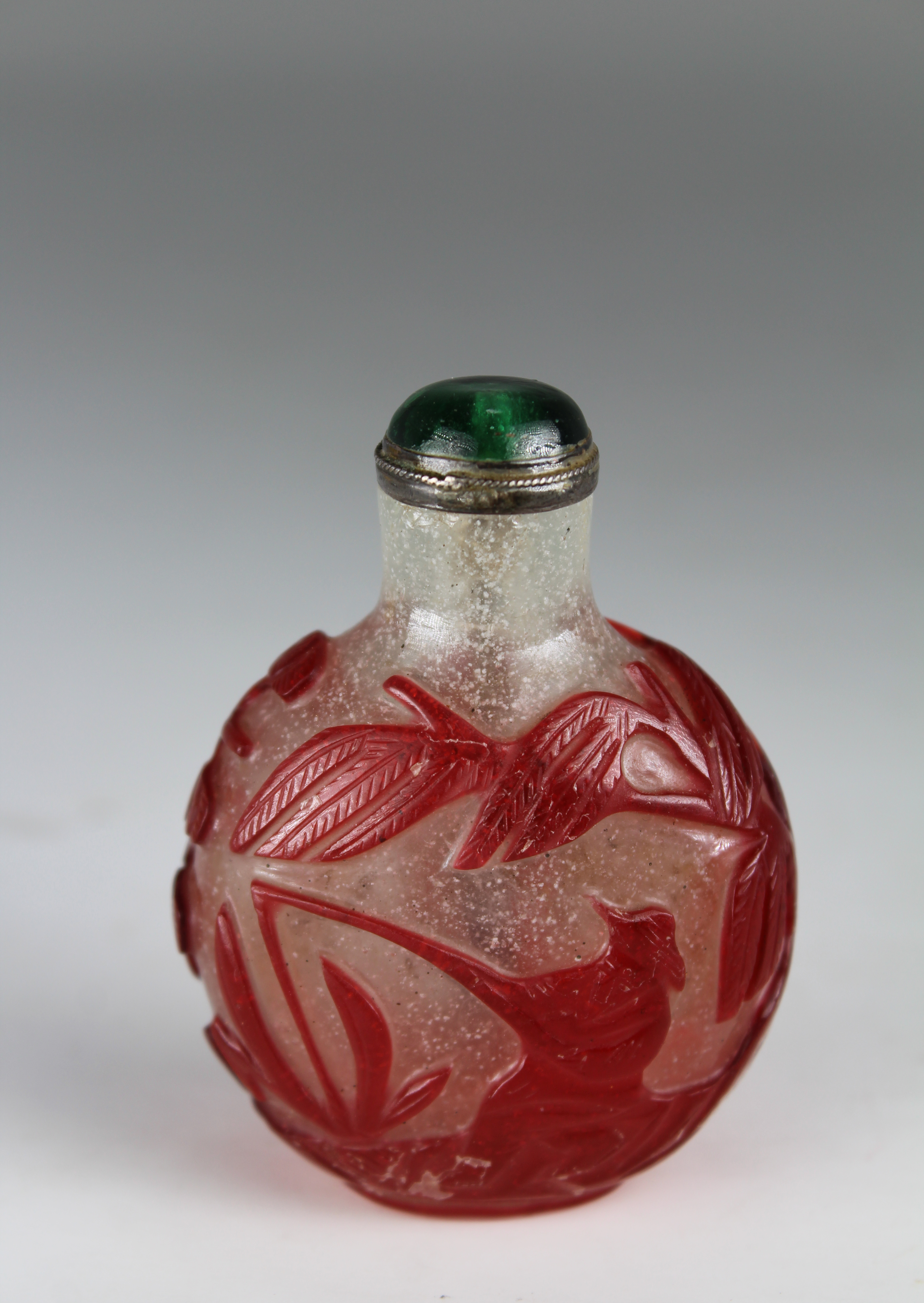 19th C. Chinese Red Overlay White Glass Snuff Bottle. The opaque overlay is carved through white