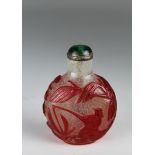 19th C. Chinese Red Overlay White Glass Snuff Bottle. The opaque overlay is carved through white