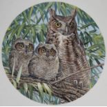 Nicholas Wilson (American, B. 1947) "Great Horned Owl Mother with Babies" Signed lower middle.