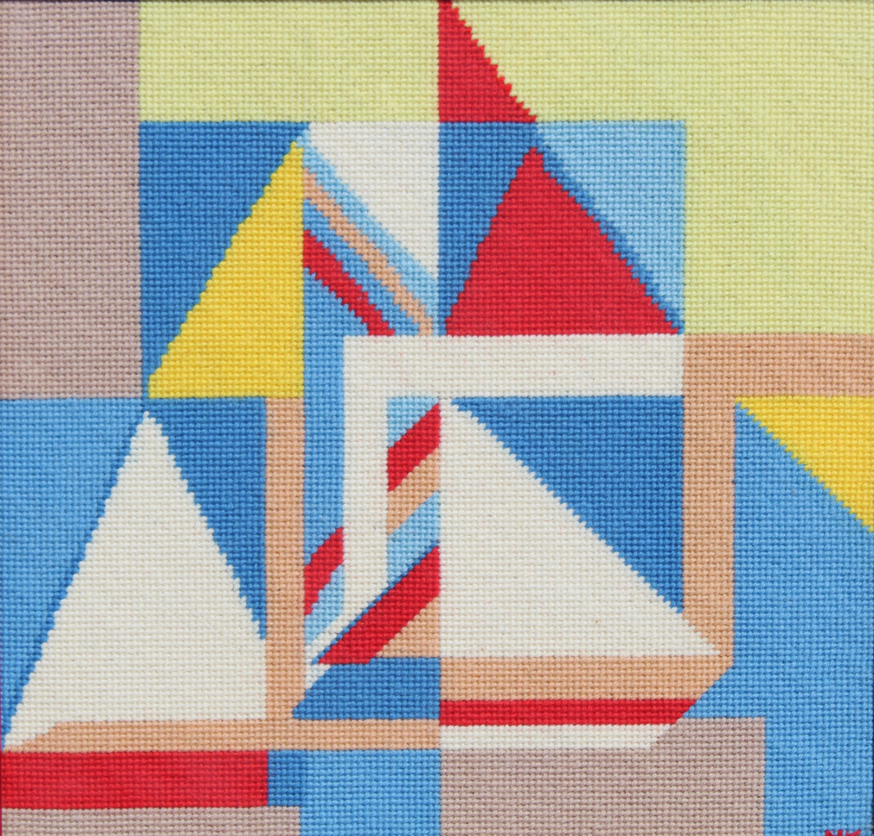 Signed Needlepoint Abstract Sailboat. Initialed lower right. Newman Galleries label verso. Image - Image 2 of 2