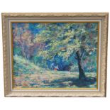 Signed, 1962 Impressionist Wooded Landscape with Figures. Oil on board. Signed indistinctly lower