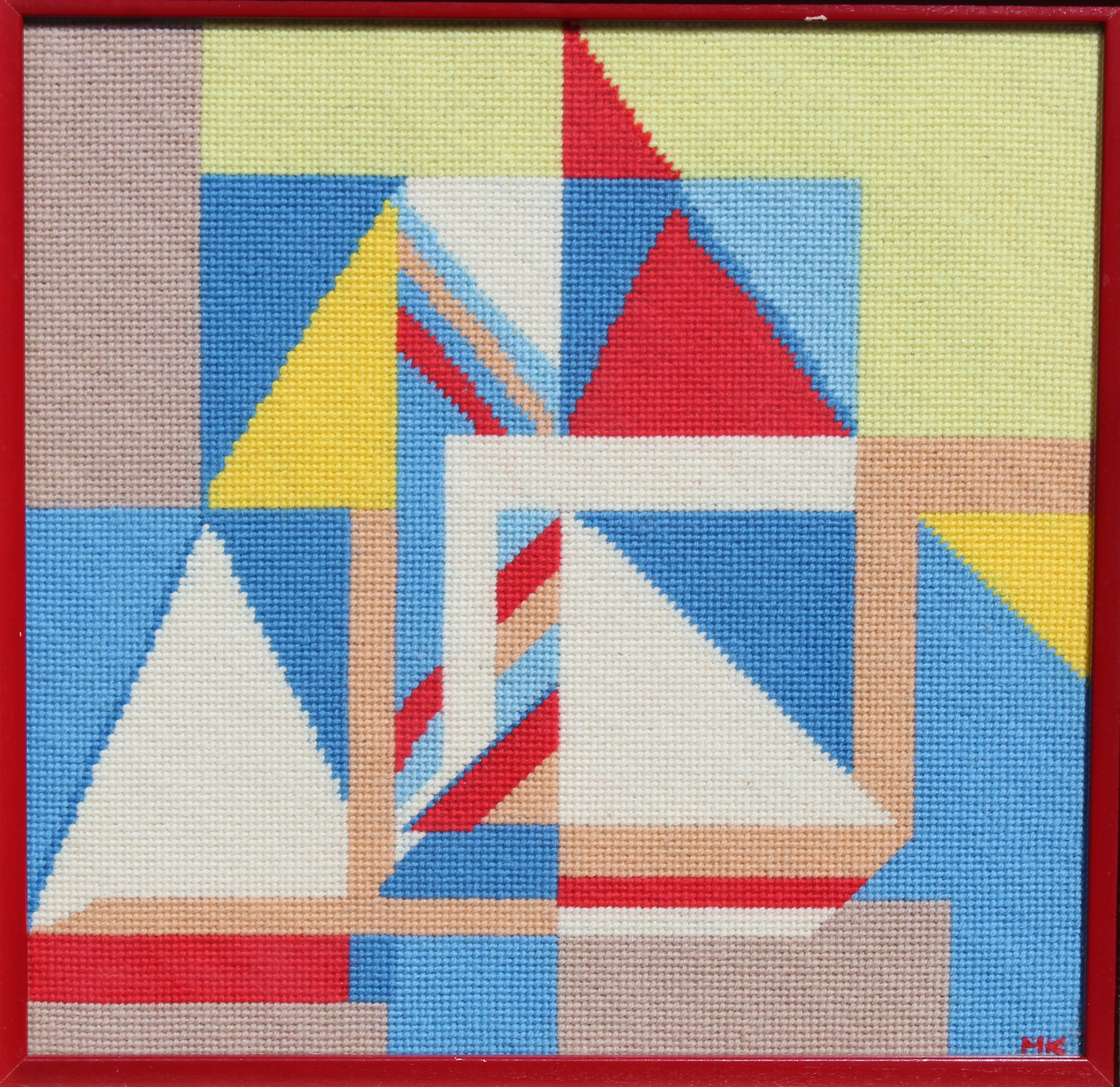 Signed Needlepoint Abstract Sailboat. Initialed lower right. Newman Galleries label verso. Image