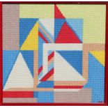 Signed Needlepoint Abstract Sailboat. Initialed lower right. Newman Galleries label verso. Image