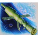 Gherman Alexeyvich Komlev (Russian, 1933 - 2000) "Soyuz-Saluyt Docked" Original Watercolor