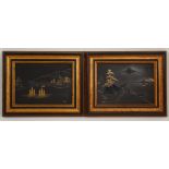 (2) Framed Gold Inlaid Asian Plaques. One plaque depicting a pavillion, the other a landscape with a