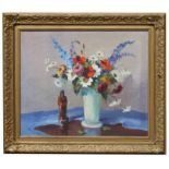 Allen, Still Life Painting of Bouquet of Flowers with a Chinese Figure on a table. Signed lower