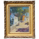 Signed, 1946 Street Scene Painting with Figure. Signed and dated '46 lower left. Oil on canvas.