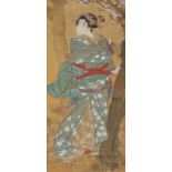 Mihata Joryu (Japan, fl.1830 - 1843) Painting of a beauty in a wooded landscape wearing an elegant