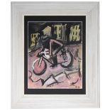 Manner of Mario Sironi (Italy, 1885-1961) Figure on a bicycle. Watercolor painting. Signed lower