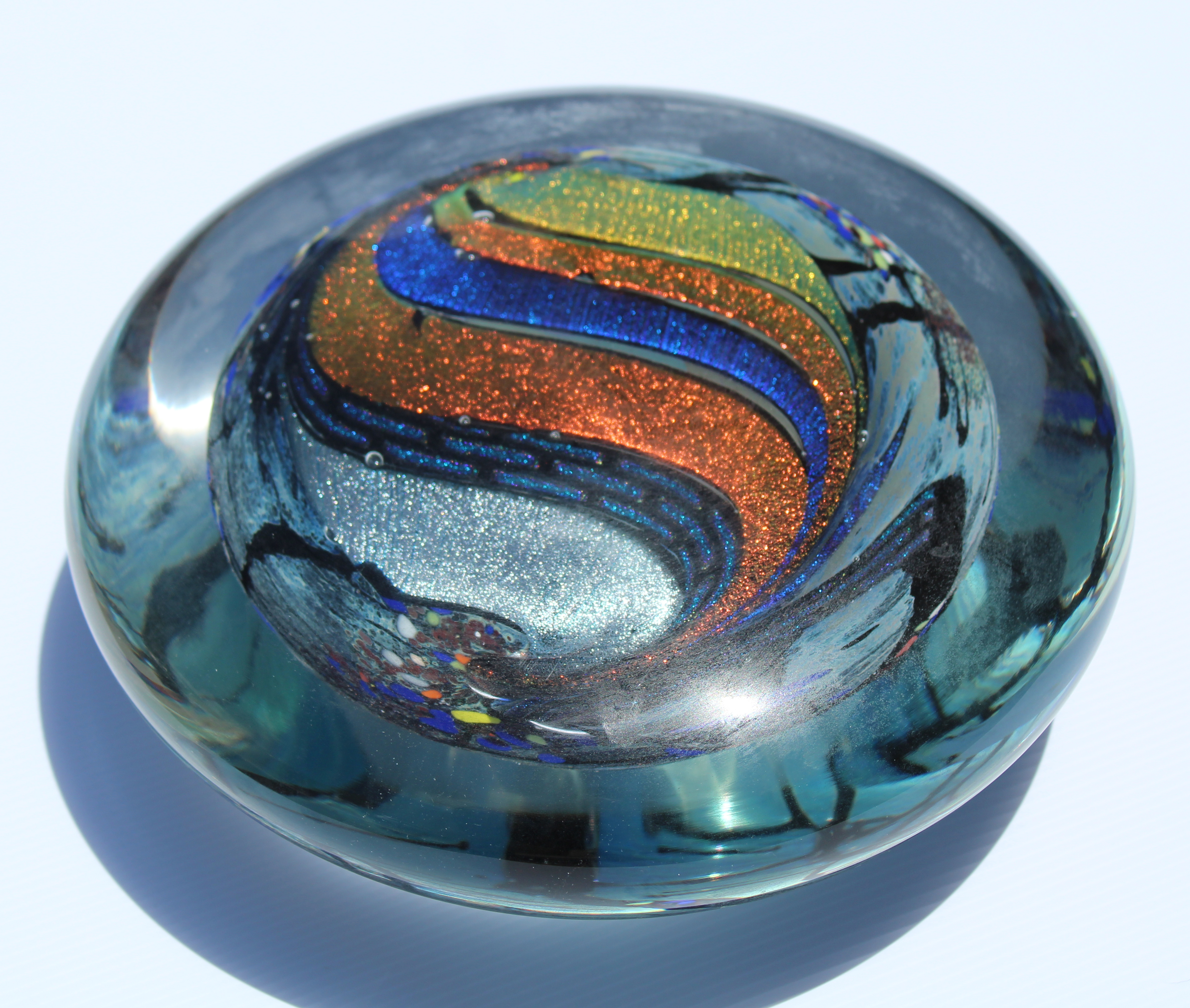 Rollin Karg Art Glass & Metal Sculpture. Signed on base of glass piece. Glass dome is set on dowel - Image 8 of 10