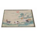 Signed, Original Chinese Scroll Painting of Horses in a landscape. Signed lower left and with artist