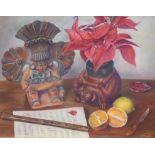 Gregory Mejia (20th C.). Signed lower right. Pastel on Board. Still Life with Aztec Figures. Chicago
