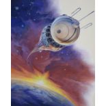 Vladimir Beilin (Russian, 20th C.) "Vostok I in Orbit" Original Watercolor painting on Paper.