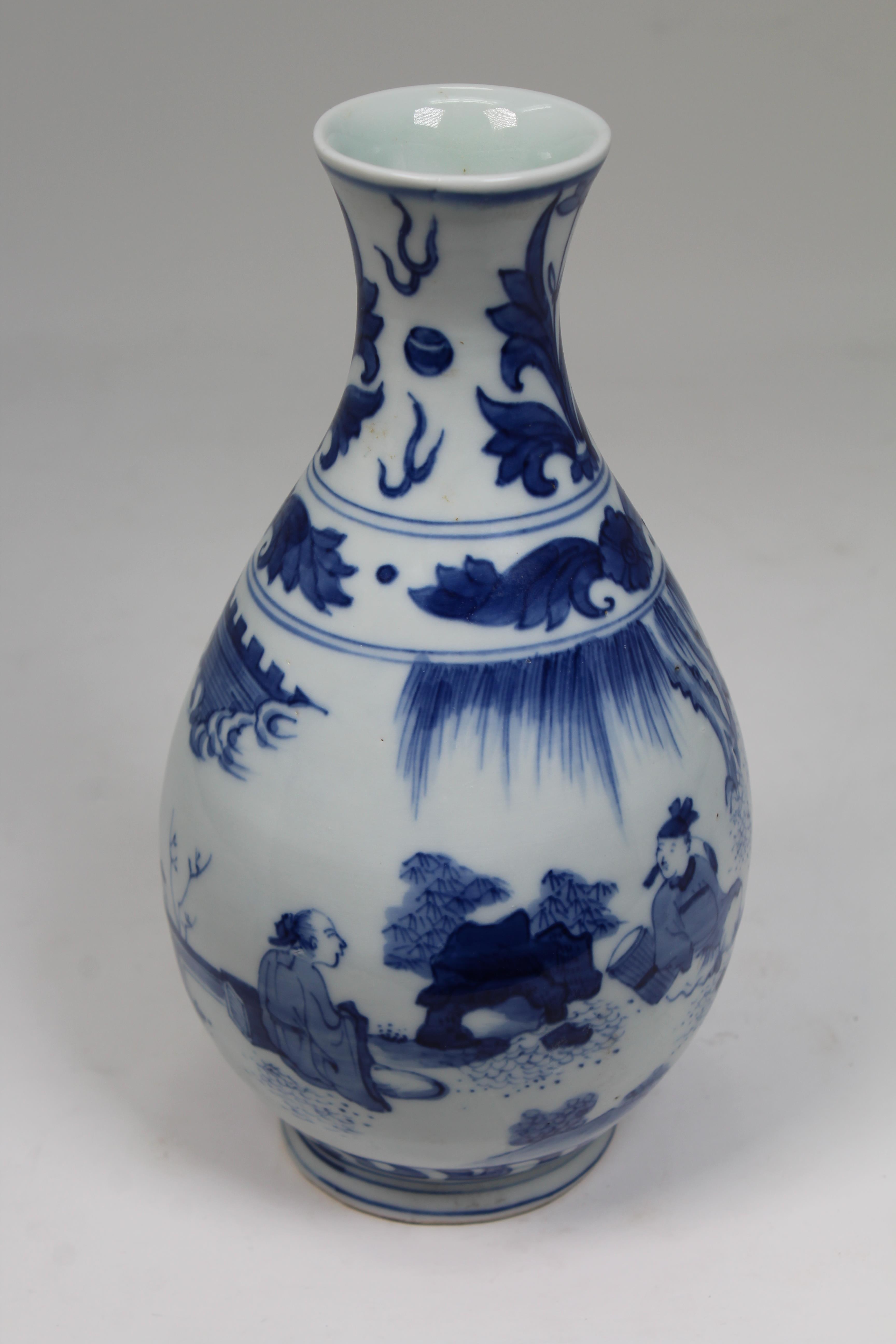 Chinese Blue/White Porcelain Vase. Scene depicts figures conversing. Size: 9 x 4.75 in. - Image 3 of 8