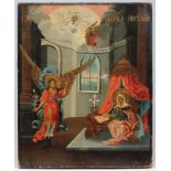 Antique Russian Icon, The Annunciation. 19th century. Tempera on wood panel. With collector label