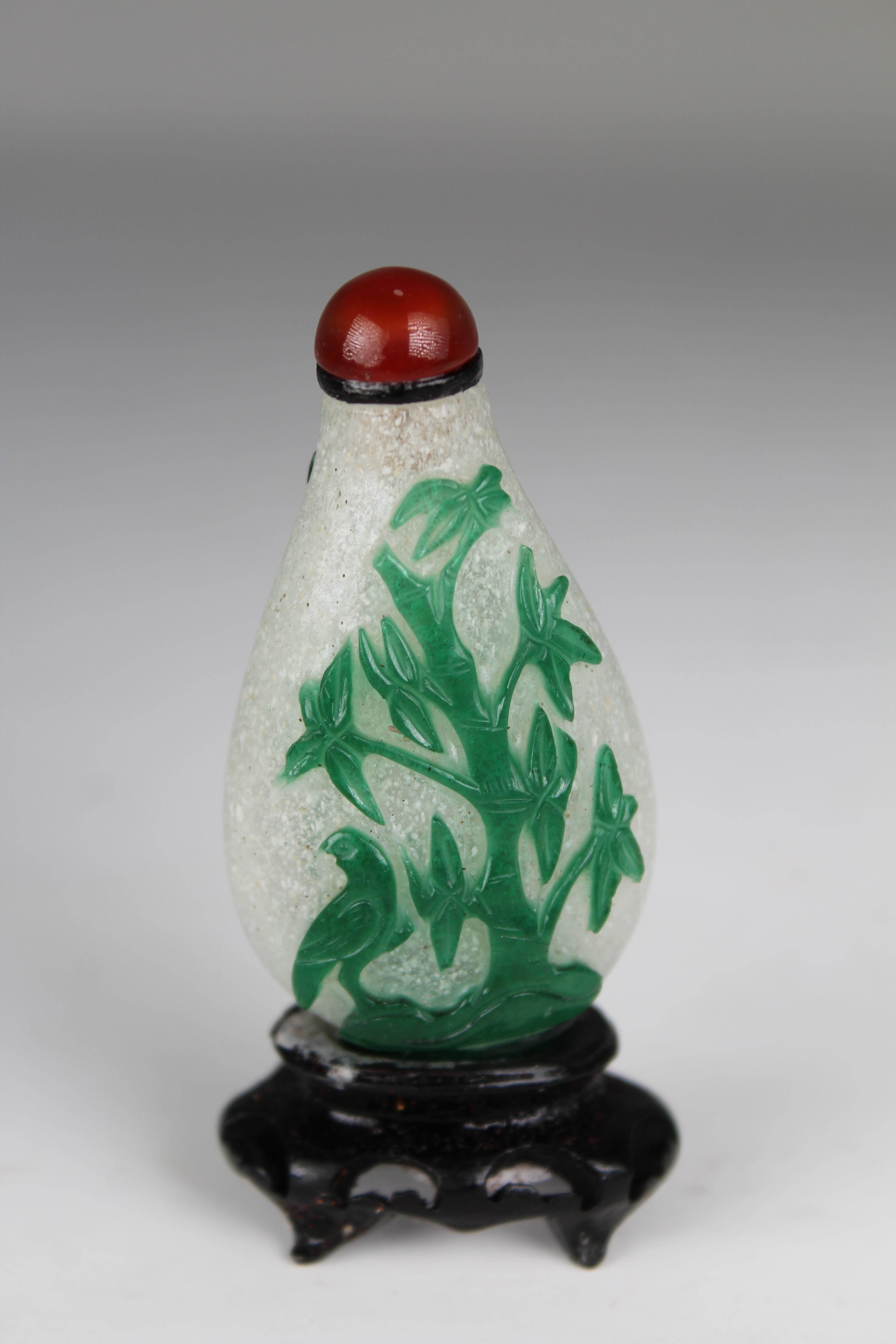 Chinese, Late 18th C. Green Overlay Glass Snuff Bottle. Of flattened pear form; "snow flake" white