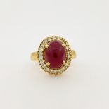 14K Gold Cabochon Ruby & Diamond Ring. Stamped '14K' inside band. Ring Size: 8 Overall Weight: 6.4 g