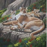 R.G. Finney (Wyoming, B. 1941) "North American Cougar Mother with Cubs" Signed lower left.
