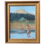 G.H Garrett, Western Painting with Native American on Horseback traveling through a stream. Signed