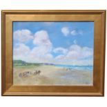 Signed, Painting of Beach Scene with Figures Near the Shore. Oil on canvas. Indistinctly initialed