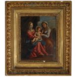 18th C. Old Master Painting on Tin Depicting Two Women and a small Child. Oil on tin. Housed in a