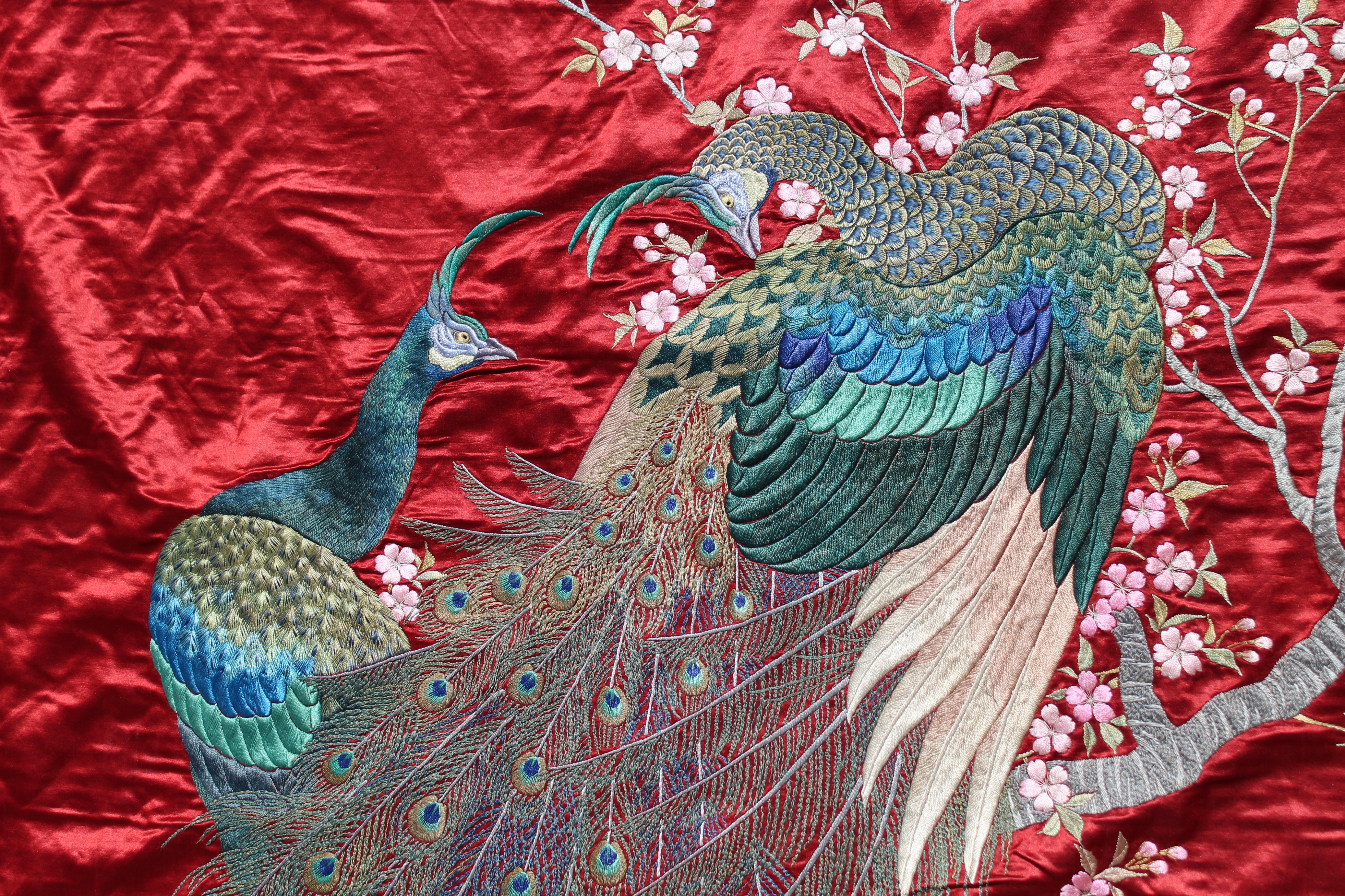 Large Japanese Handmade Peacock Silk Tapestry. Provenance: Important New York City/ Palm Beach - Image 3 of 3
