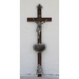 19th C. French Iron Cross Grave Marker. Having Jesus on the cross and Mary kneeling below. Size: