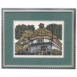 Yoshitoshi Mori (Born 1898) "A Farmhouse" framed print. With artist seal and pencil signature